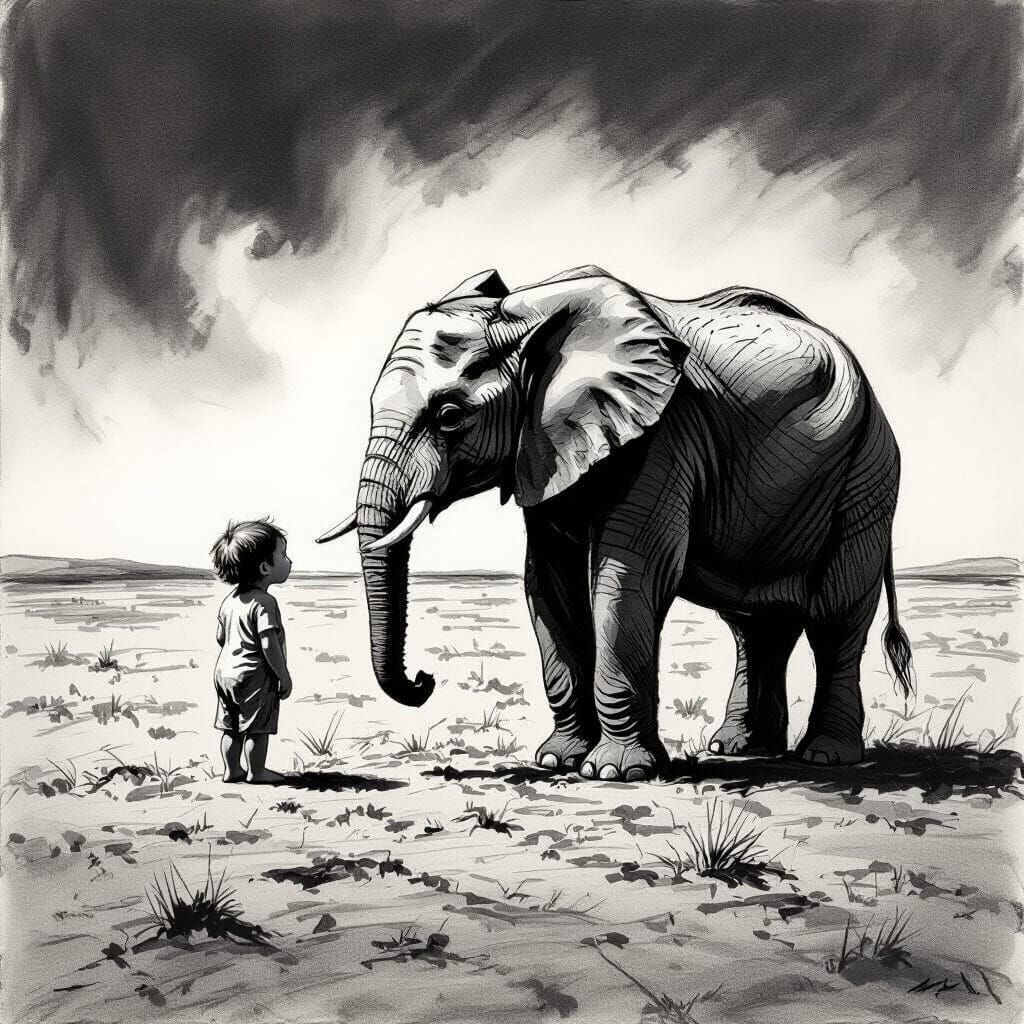 Charcoal pencil sketch. Medium shot of a baby elephant stand...