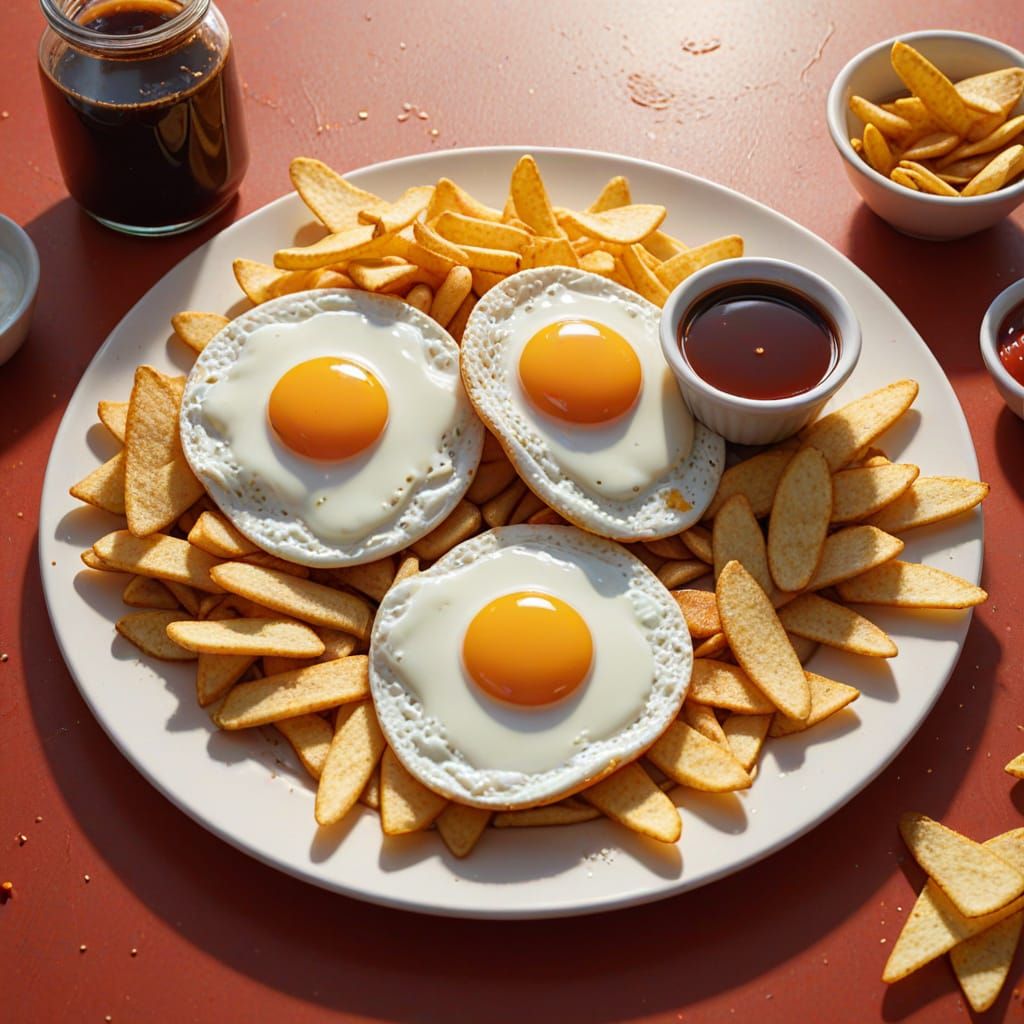 Pixar Style Fried Eggs, Chips, and HP Sauce