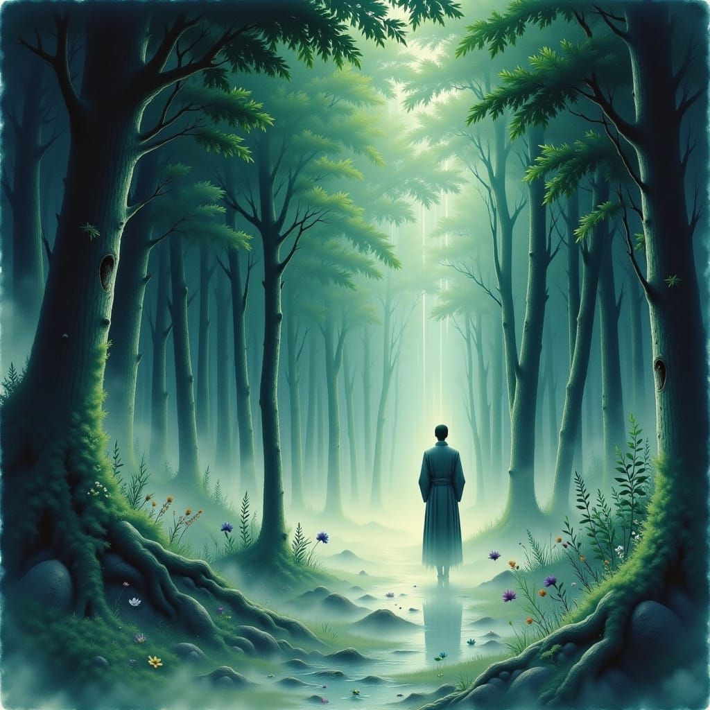 Ethereal Lights in Misty Forest, Japanese Art Style