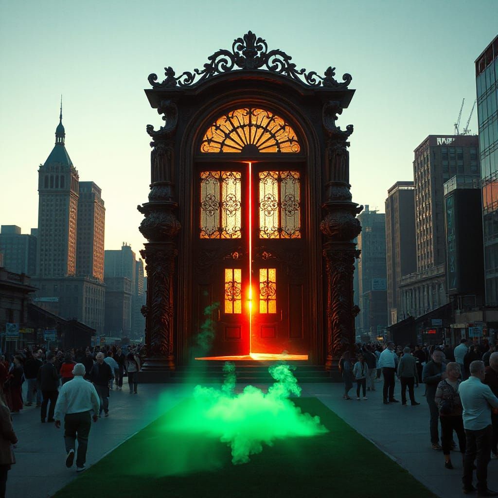 Ornate Doorway Portal in City at Sunset