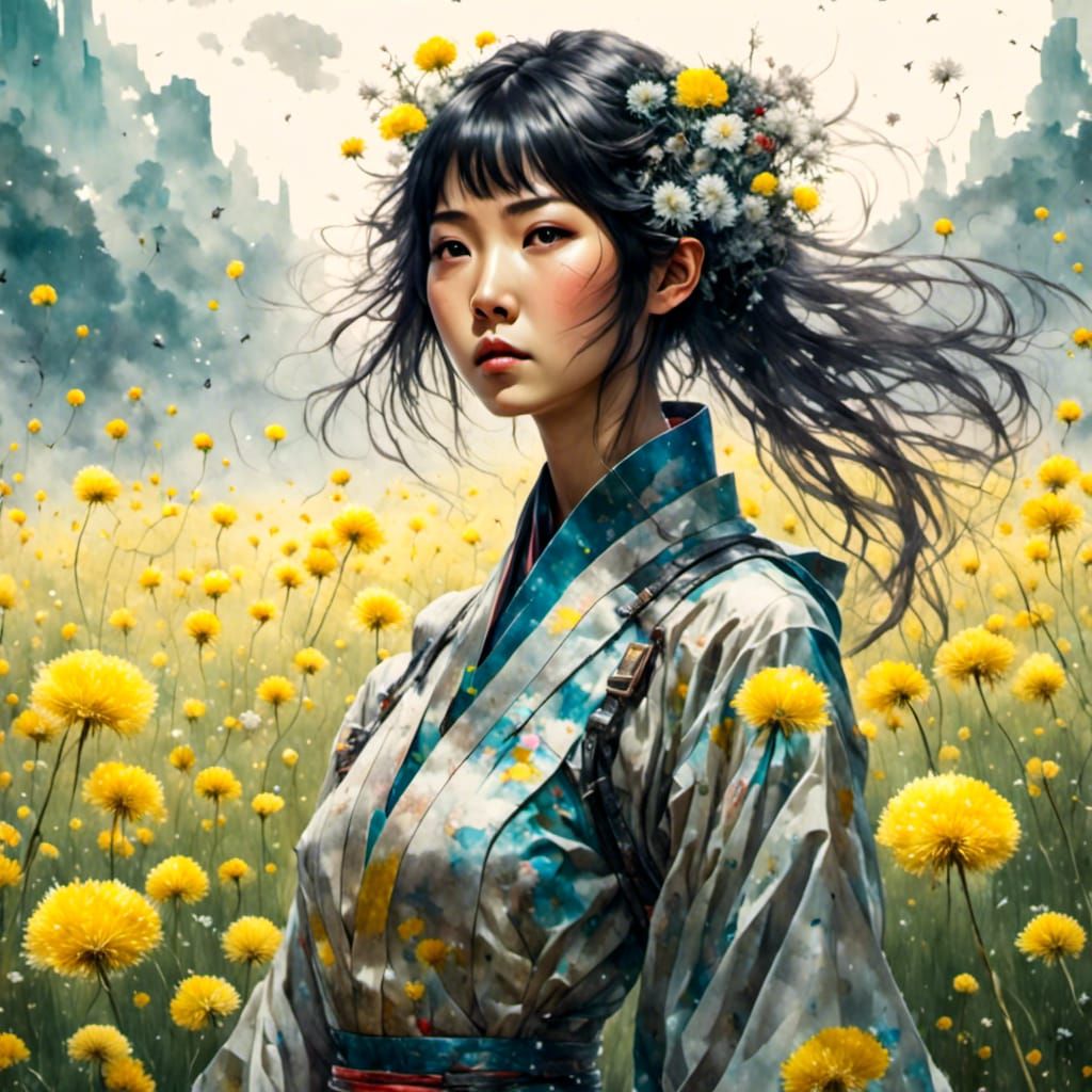 Anime Android in Dandelion Field Watercolor Style