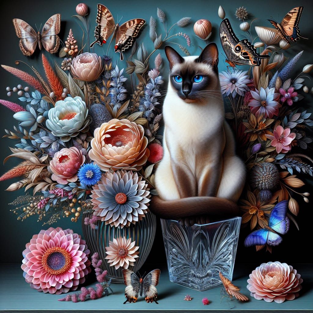 Siamese Cat in Vase with Flowers