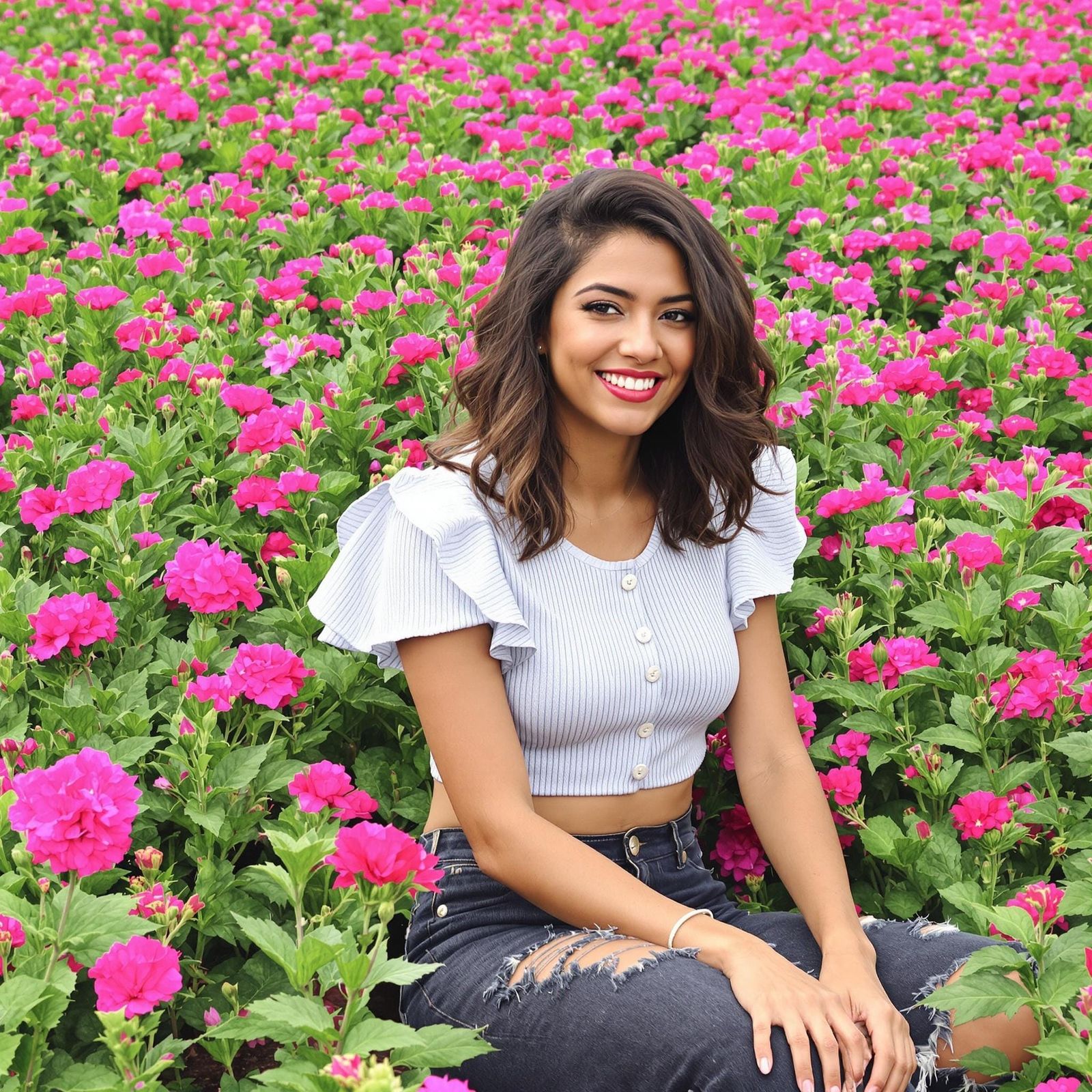 Young Woman in a Field of Vibrant Pink Flowers