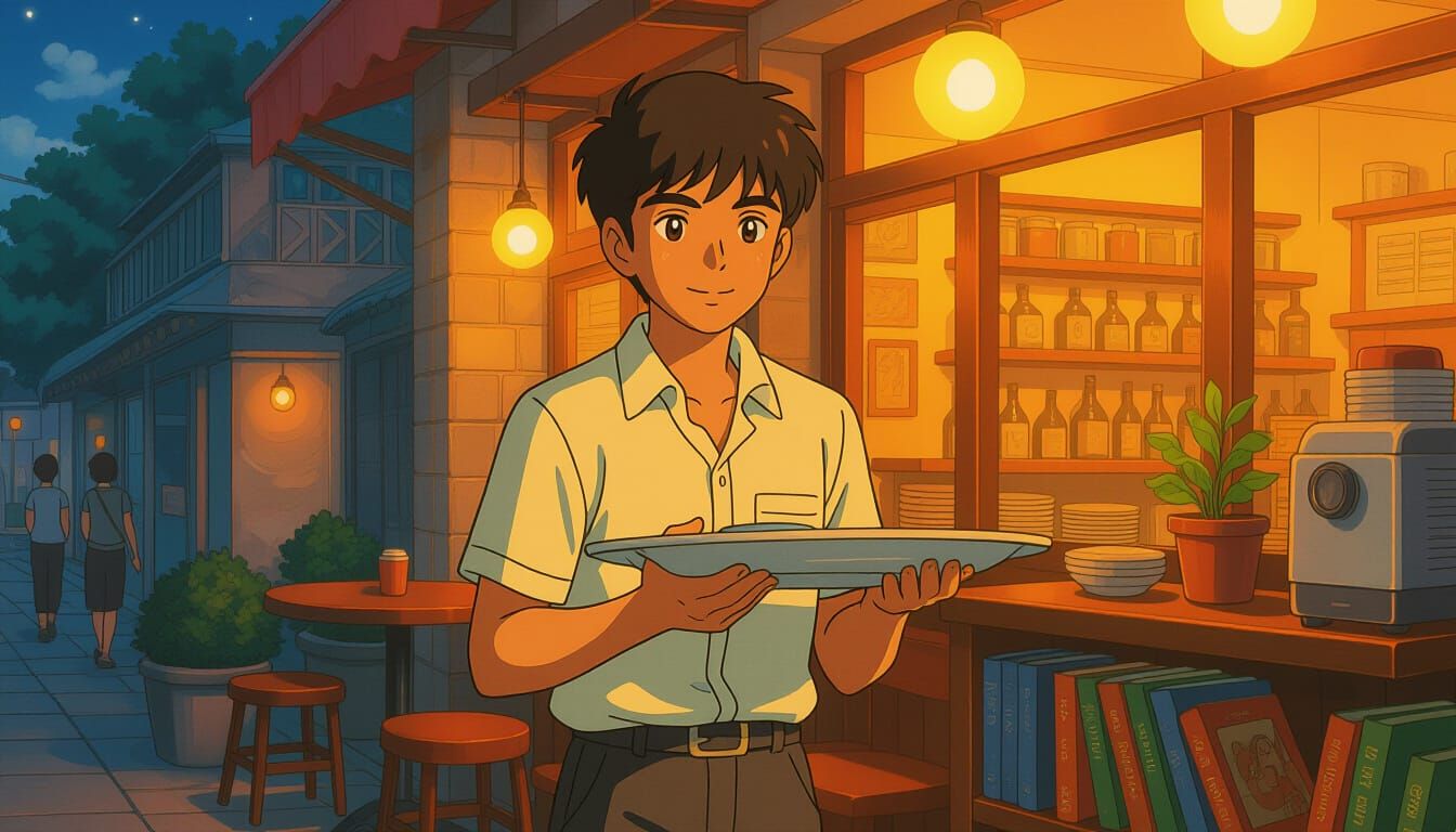 Determined Indian Waiter Boy Studying at Night