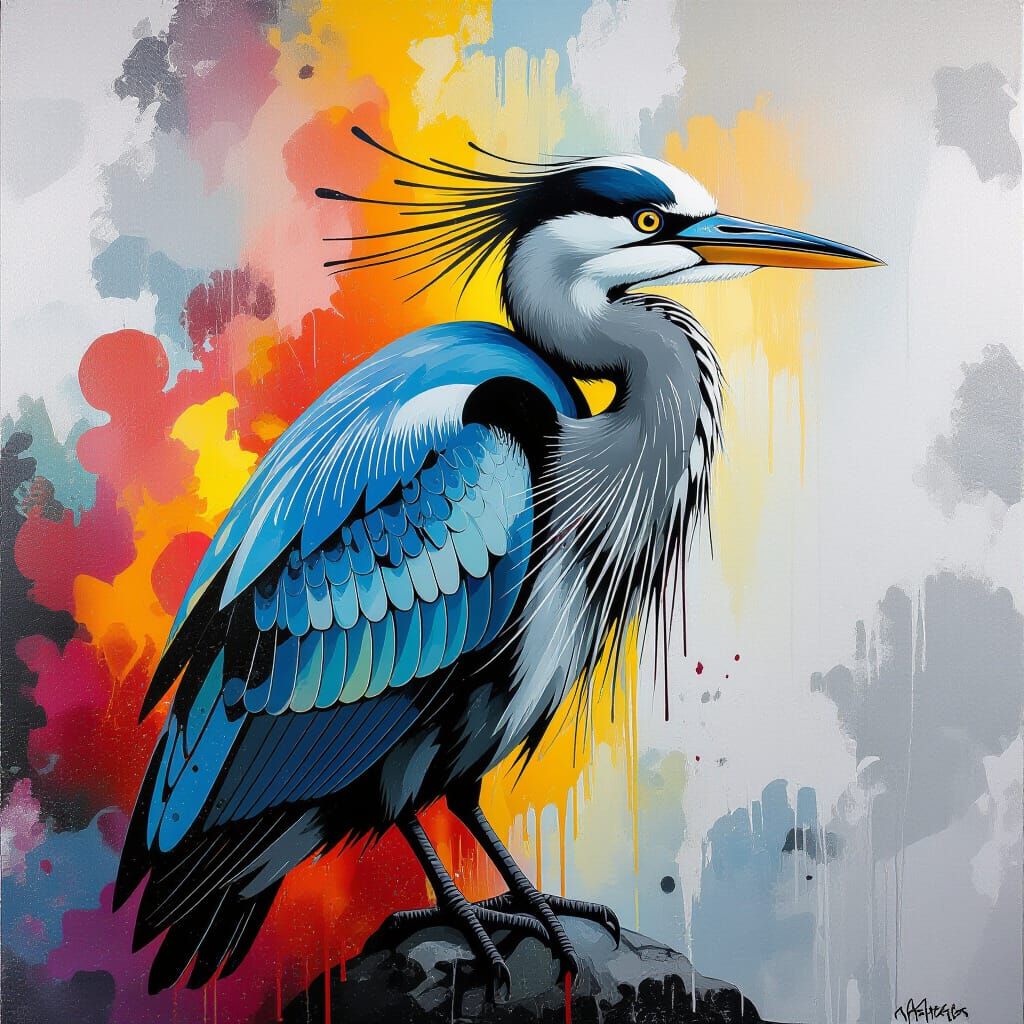 Mystical Fire and Ash Heron in Graffiti Style