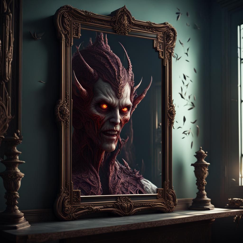 Evil Face Appears in Mirror: Fantasy Concept Art