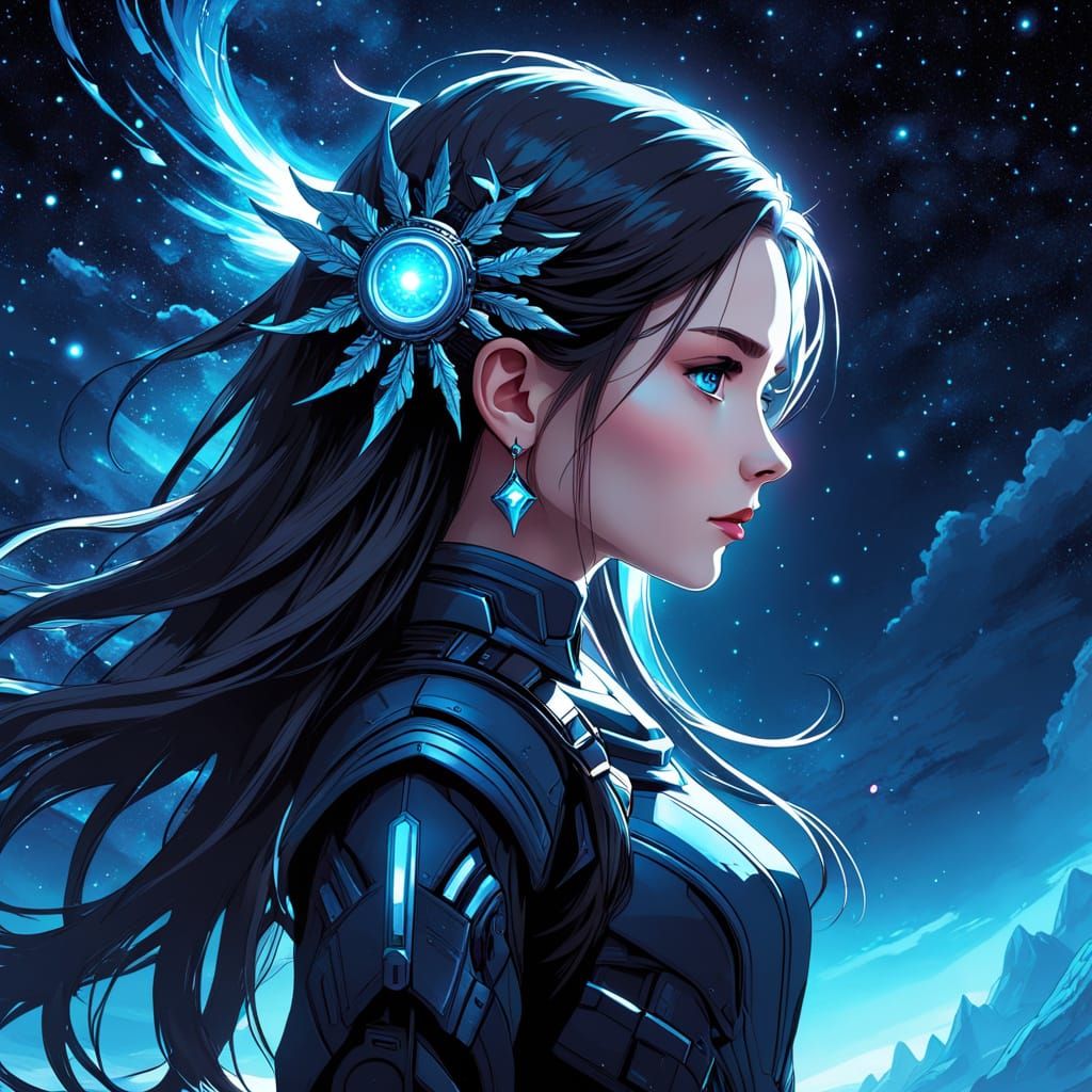 Ethereal Warrior Against Cosmic Backdrop