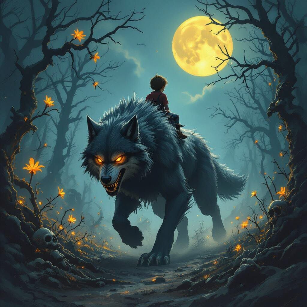 Child Rides Giant Wolf Through Dark Gothic Forest