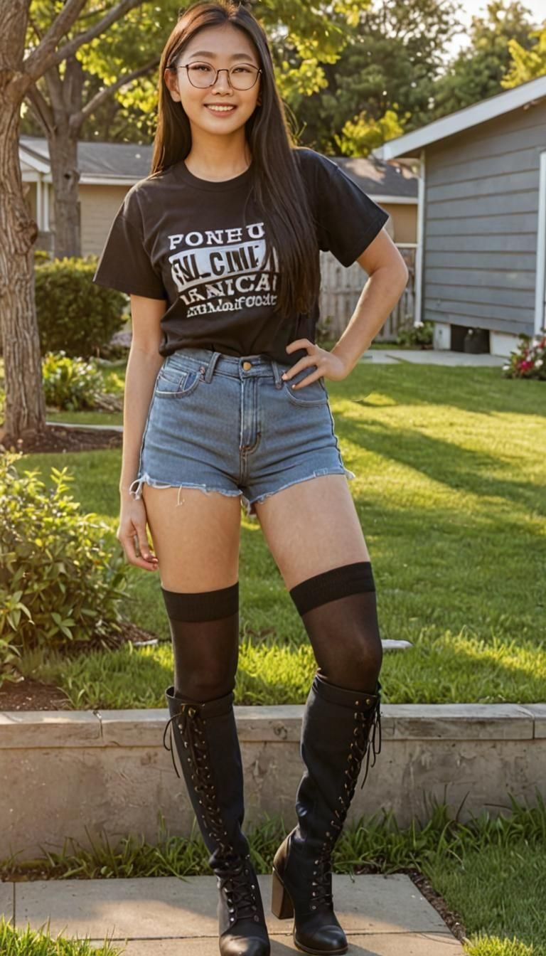 Smiling Woman in Stockings and Boots in Suburbia