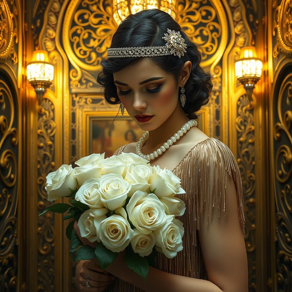 Flapper Girl with Roses in Klimt-Inspired Style