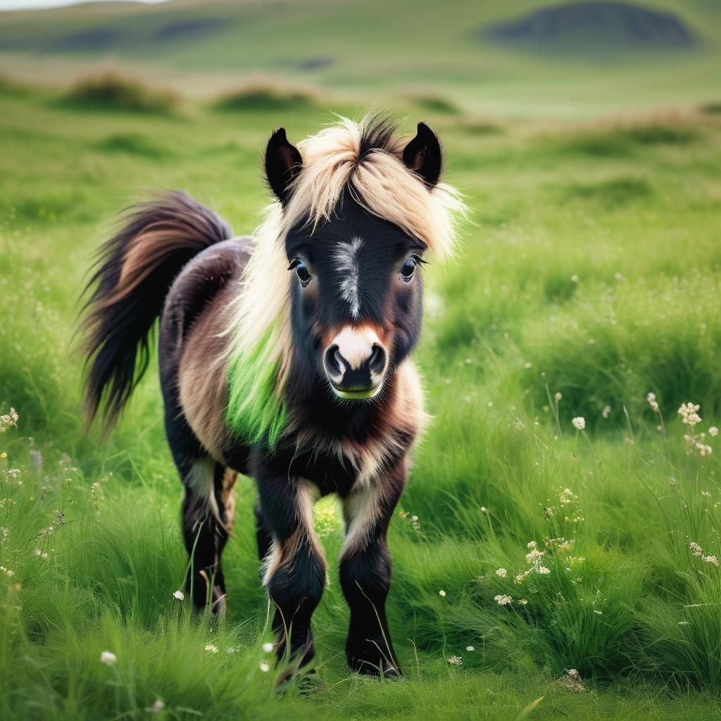 Manga Style Shetland Pony Foal in Meadow