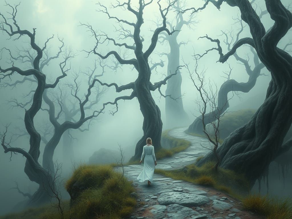 Ethereal Woman Walks Misty, Twisted Forest in Futuristic Sty...