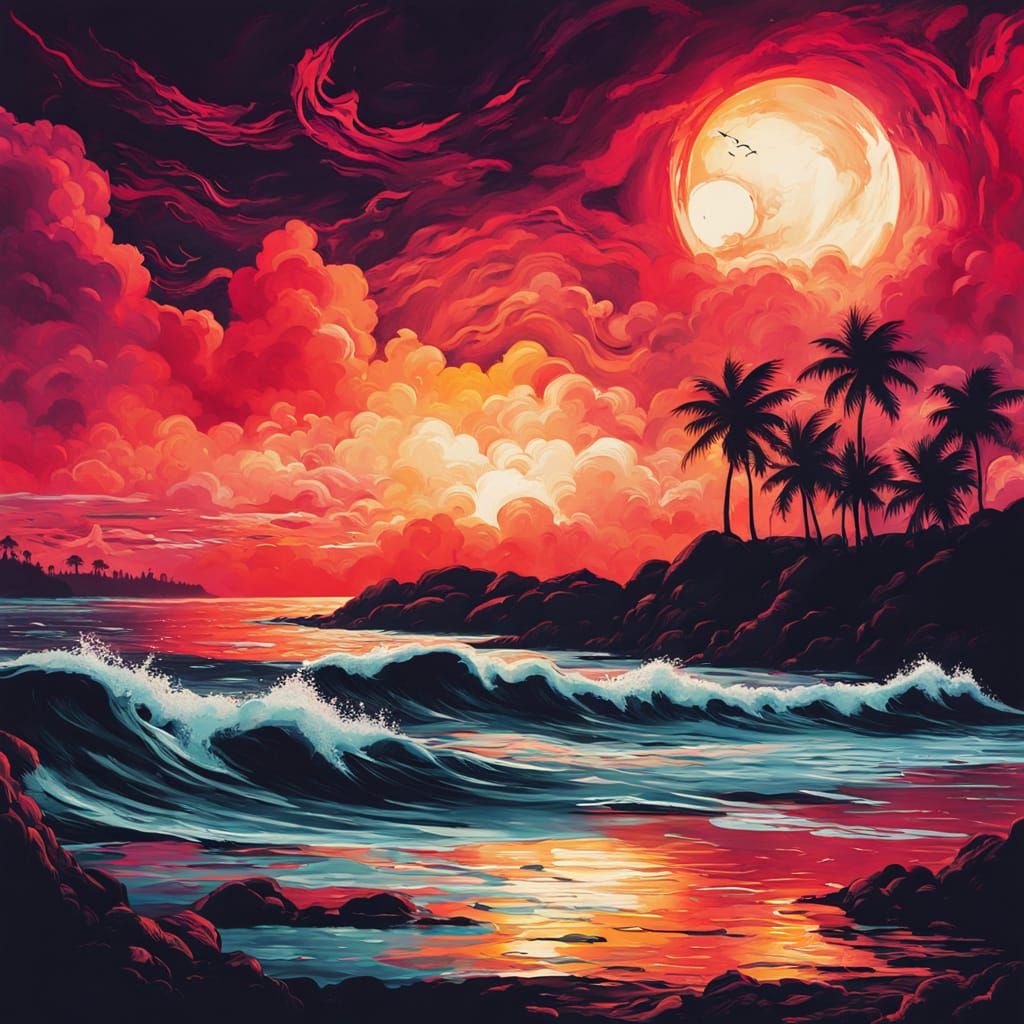 Ocean view at night with trees and the moon glowing red through the clouds in the sky