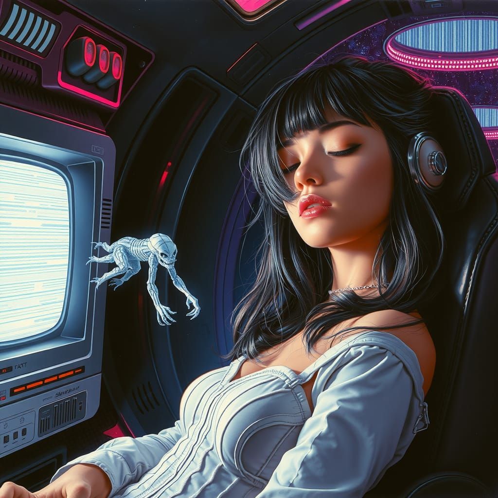 Retro Sci-Fi Cyberpunk Space Woman in Vaporwave Style