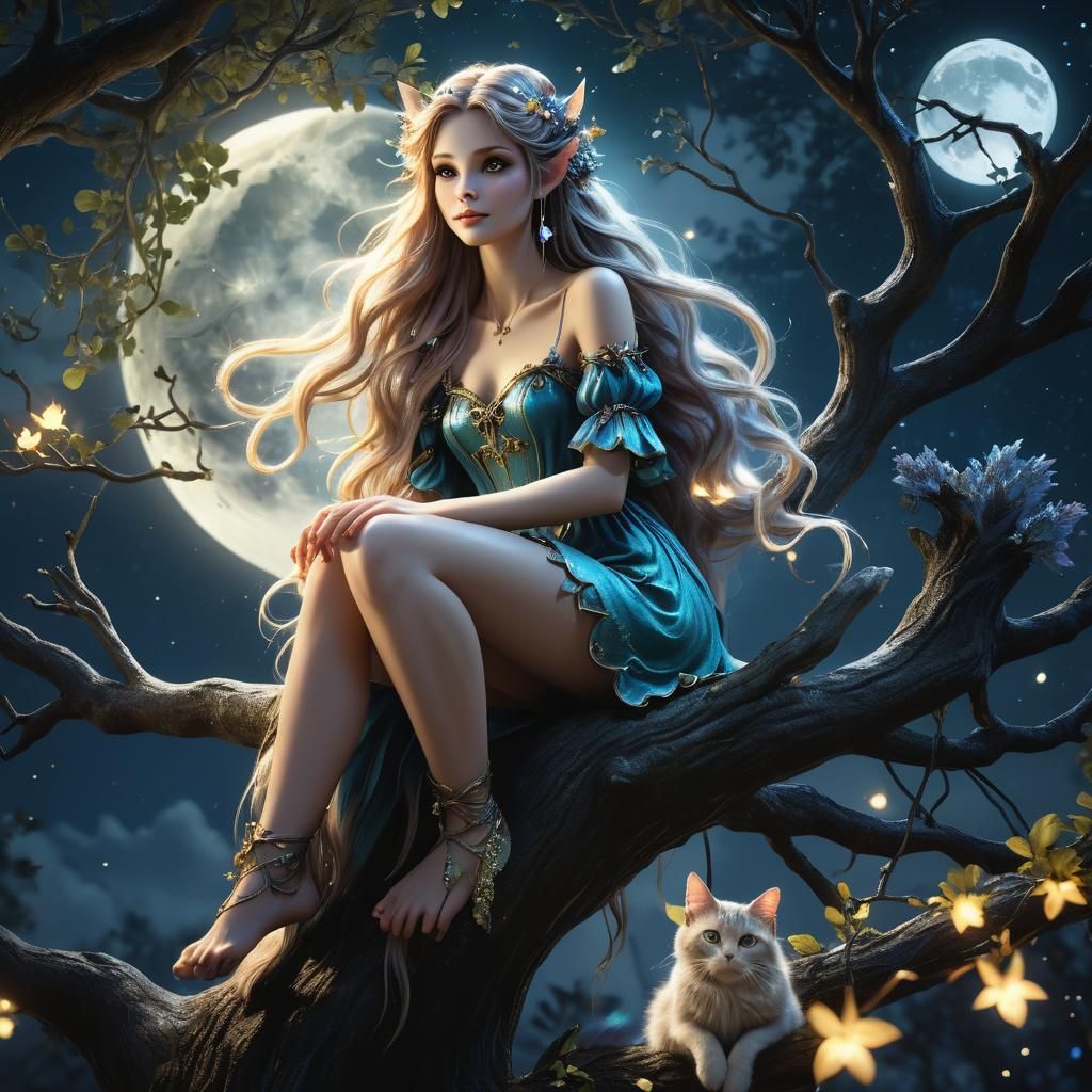 Ethereal Fairy on Tree Branch in Moonlight