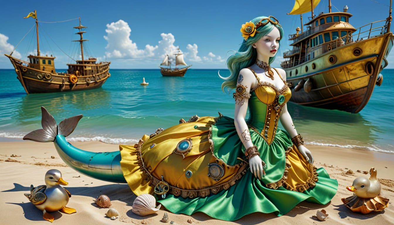 Steampunk Dolphin Vacation on a Golden Beach
