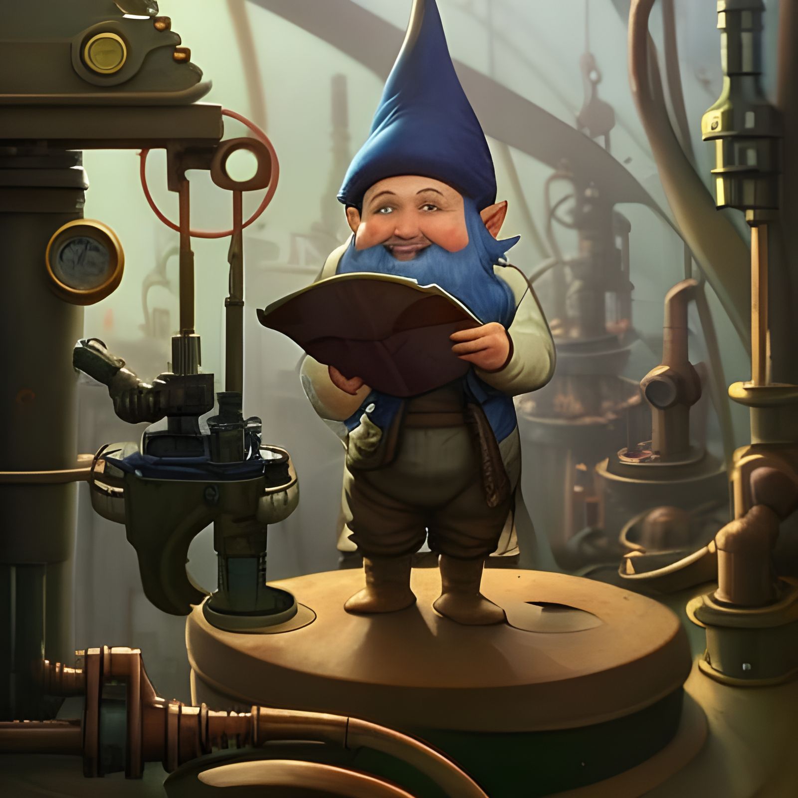 Gnome Inventor with Steampunk Inventions