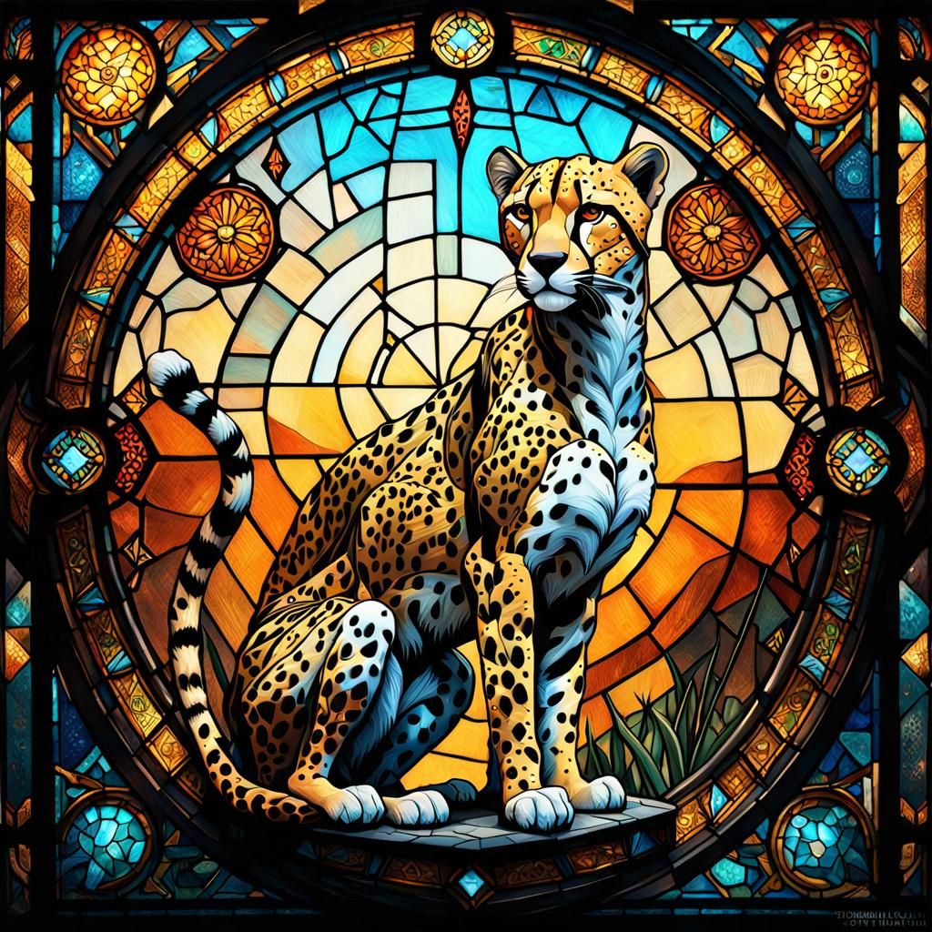 Stained Glass Cheetah Woman Portrait in Dark Fantasy Style