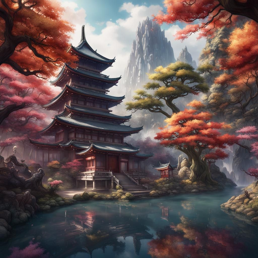 Hidden Japanese Temple in Watercolor Splash Art