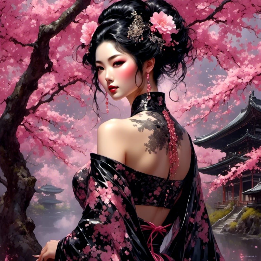 Geisha Portrait in Black Latex Lingerie