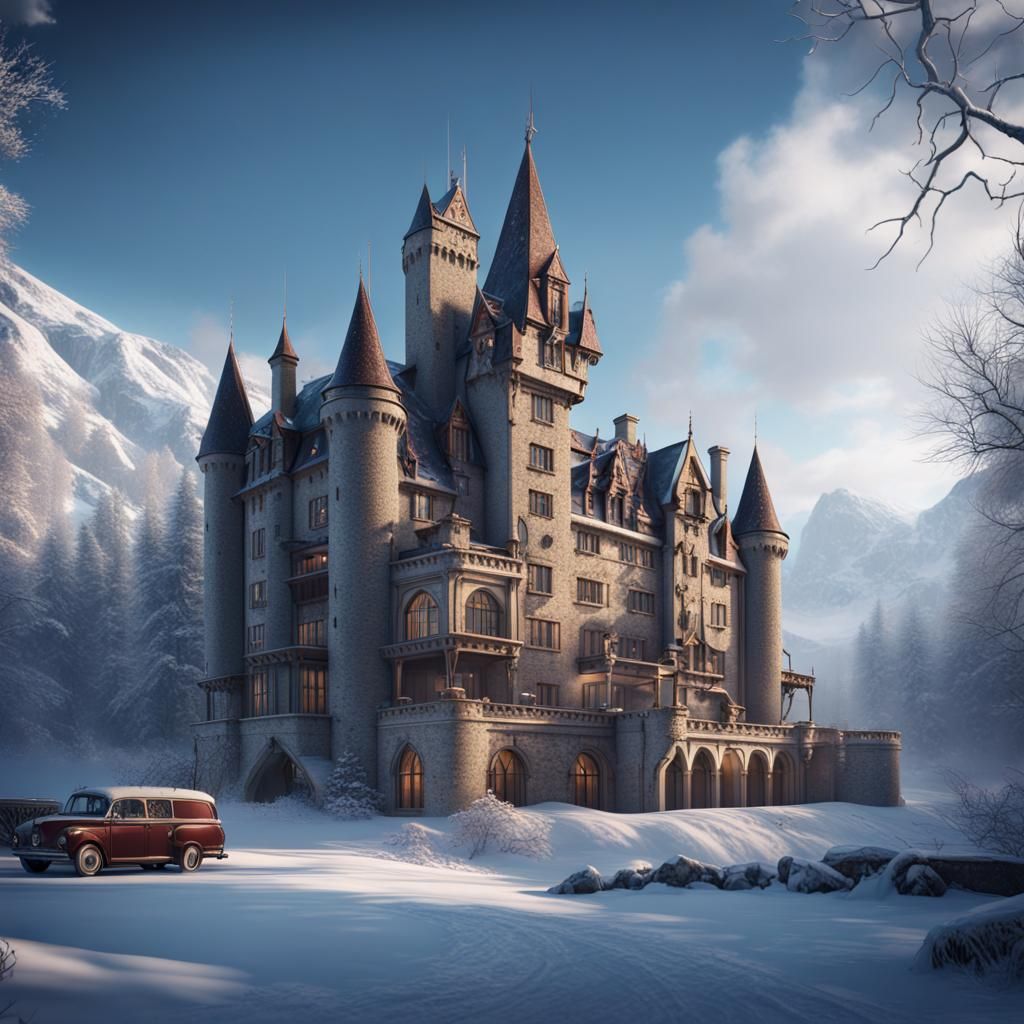 Modernized Castle Hotel in Winter Landscape