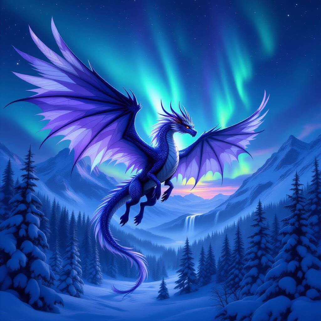 Dragon Soaring Under Aurora Borealis in Snowy Forest
