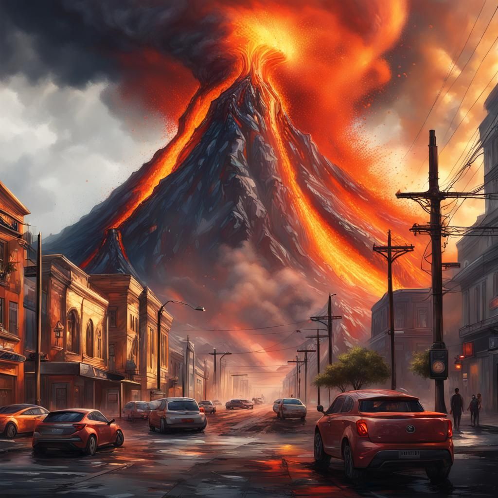 Volcano Erupts in Hyperrealistic Cityscape