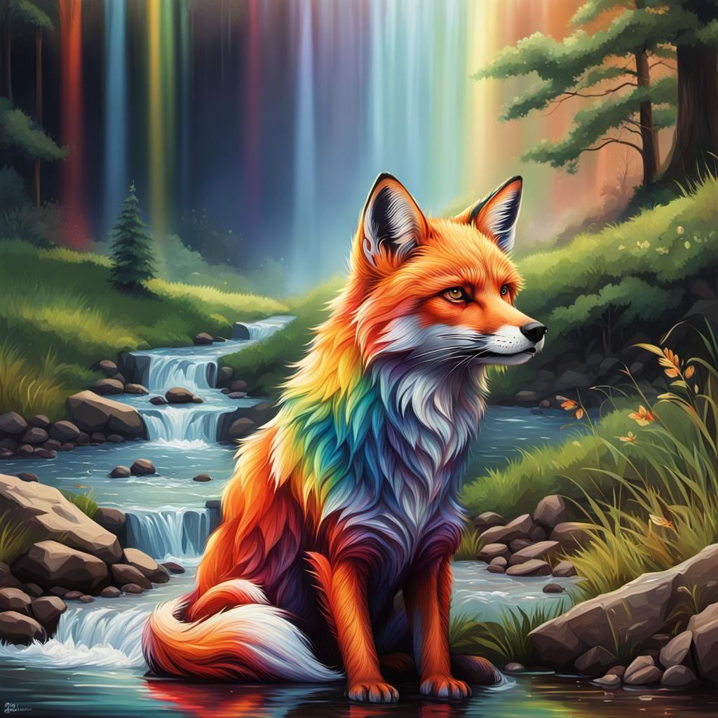 Rainbow Fox Sitting by Stream: Hyperrealistic Splash Art
