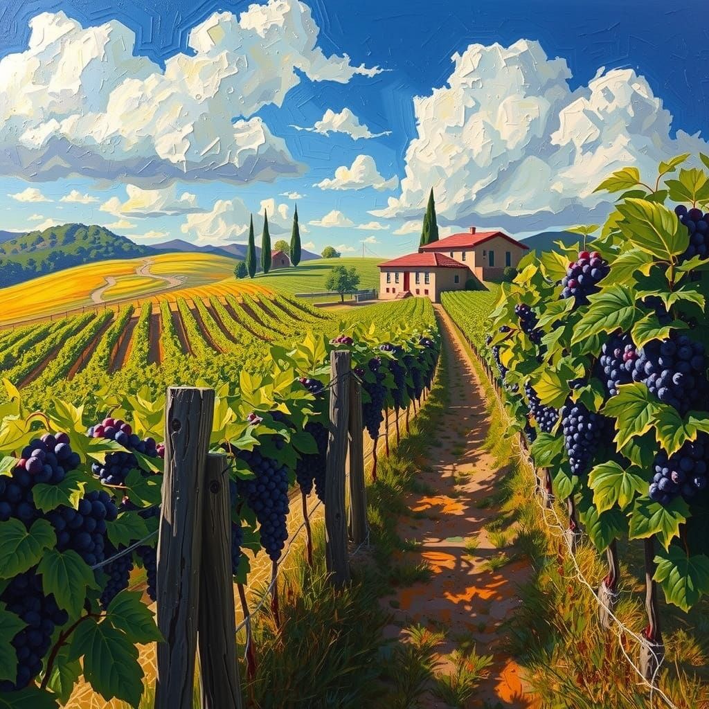 Vibrant Vineyard Landscape in Thick Oil Impasto Strokes