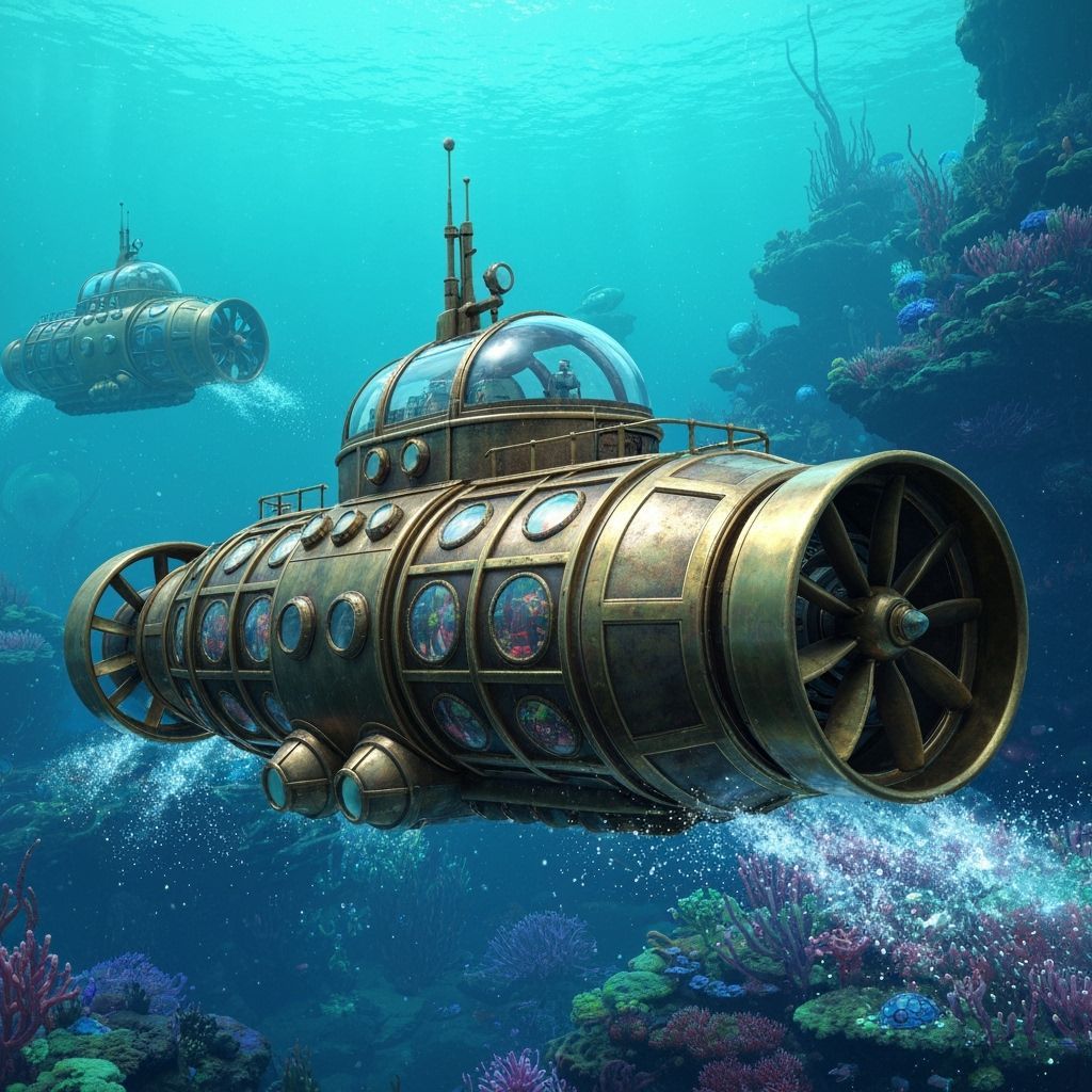 Steampunk Submarines in Bioluminescent Alien Ocean
