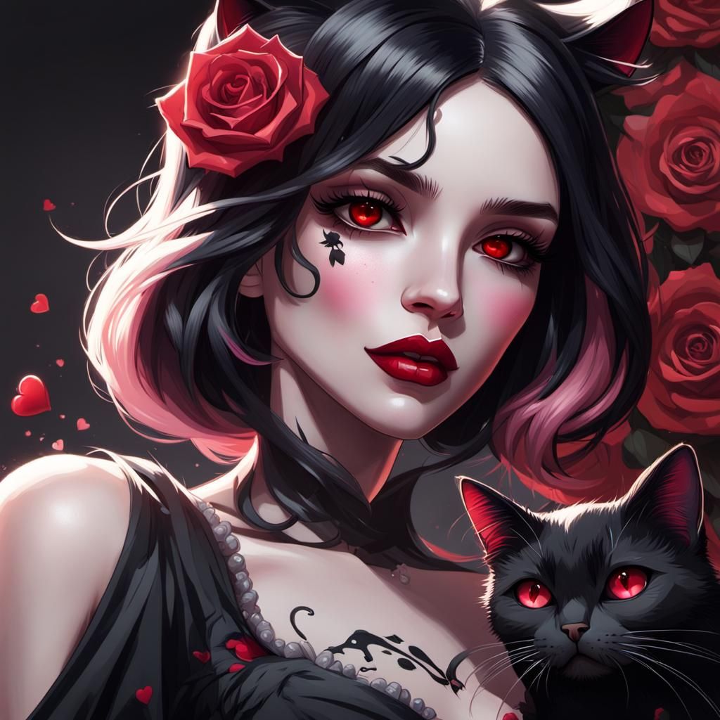 Cartoon Goth Girl Portrait with Black Cat