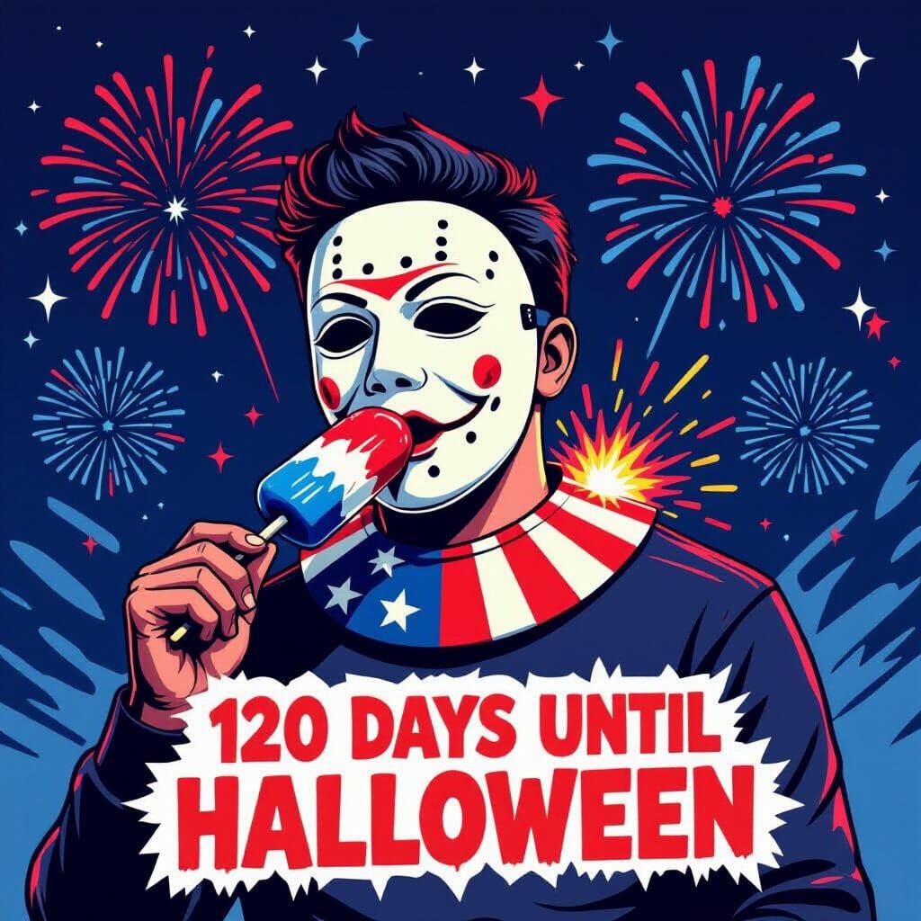 Patriotic Masked Figure Amidst Fireworks Display