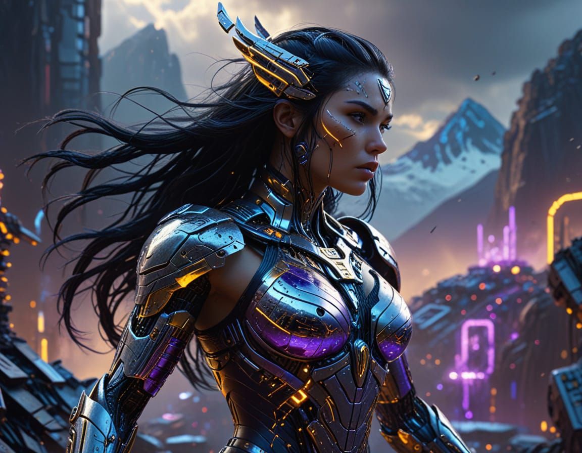 Cyborg Valkyrie Triumphant: Hyperrealistic Digital Art