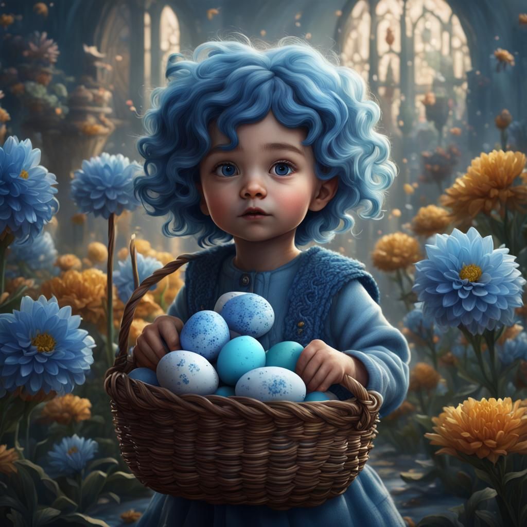 Baby Girl with Blue Dahlia, Detailed Matte Painting