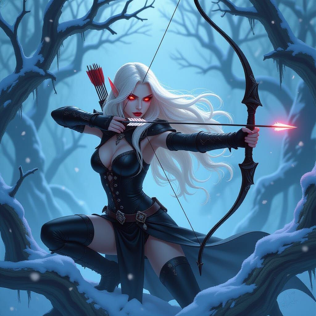 Elven Vampire Huntress in Snowy Forest, Anime Style