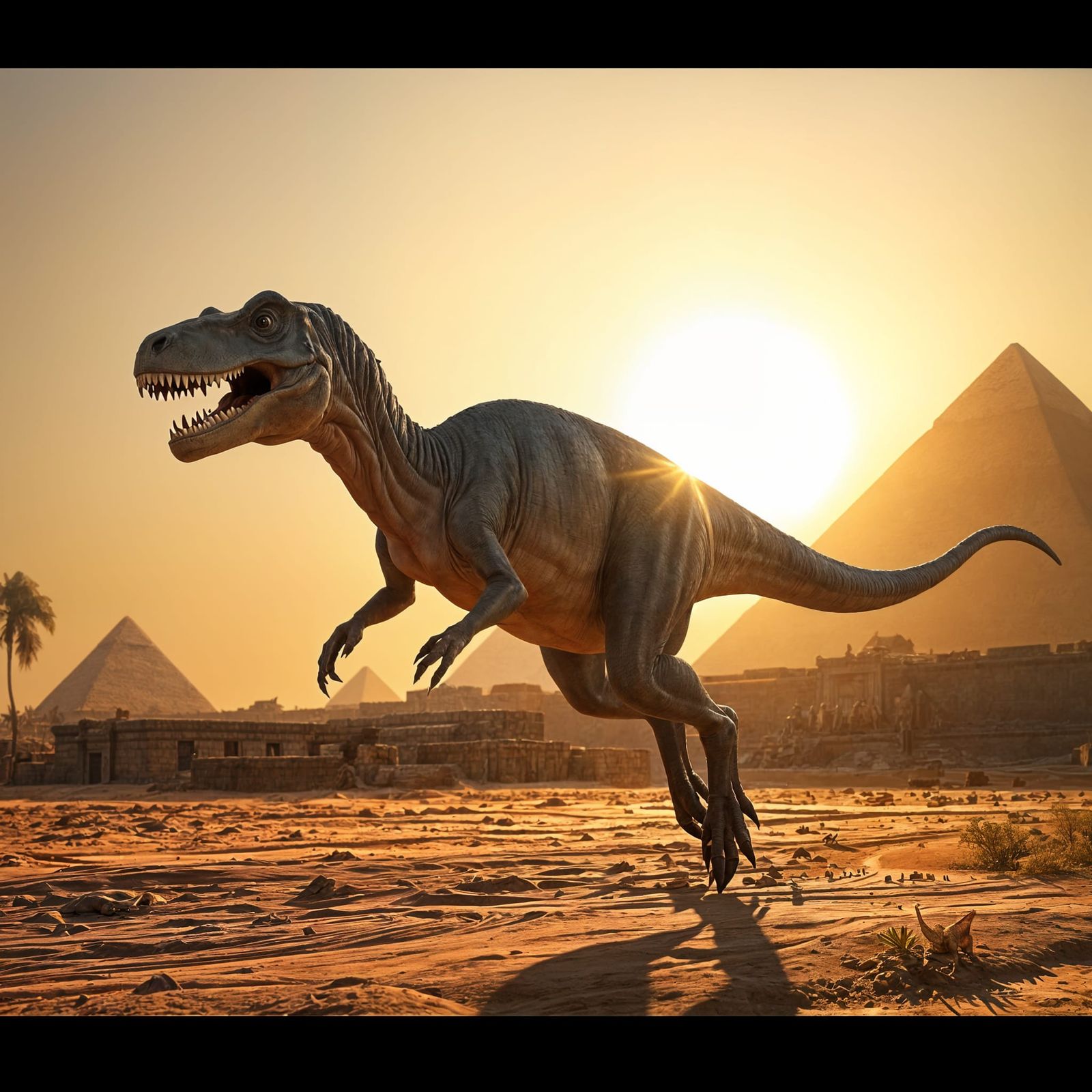 Prehistoric Monster Basks in Front of Ancient Pyramids