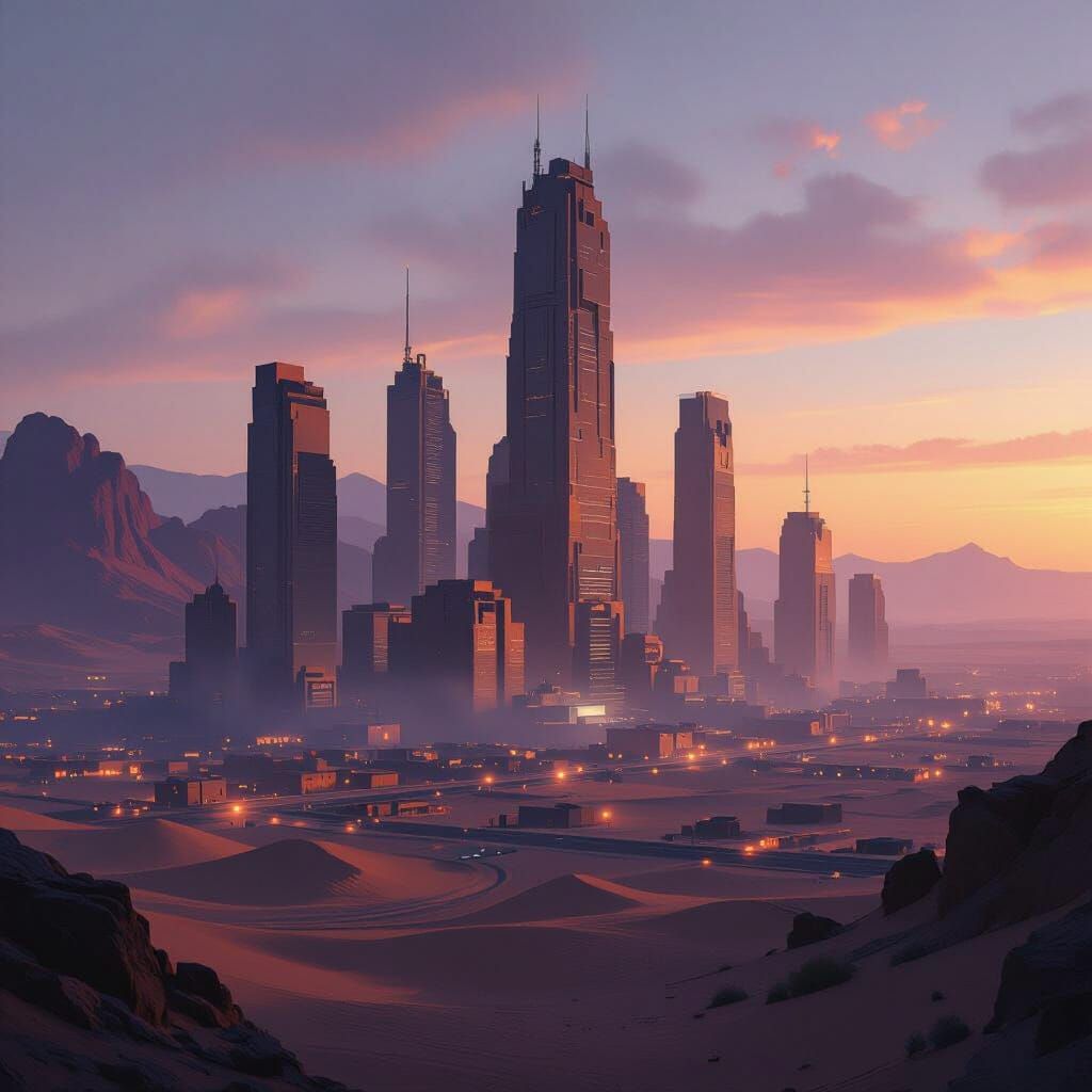 Desert Cityscape at Dusk: Ancient Stone Skyscrapers