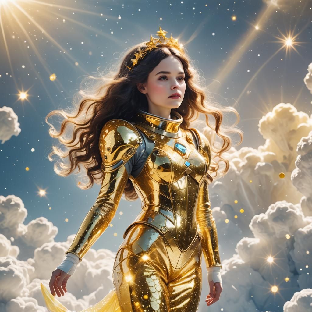 Snow White Space Mermaid Among Yellow Sparkles