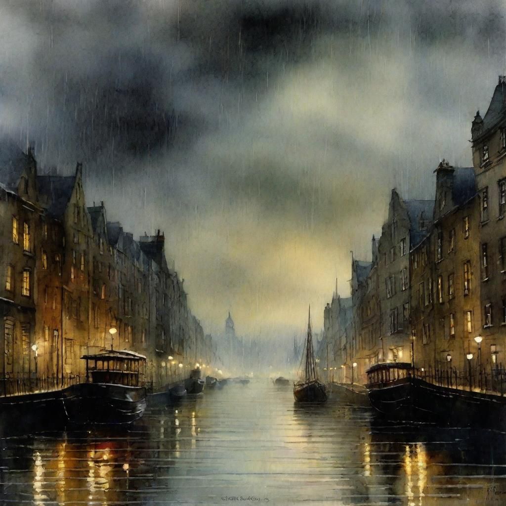 Rainy City Canal with Delicate Bridges, Encaustic Painting