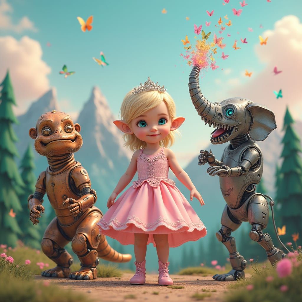 Whimsical Fantasy Portrait of a Blonde Elf Girl with Robots ...