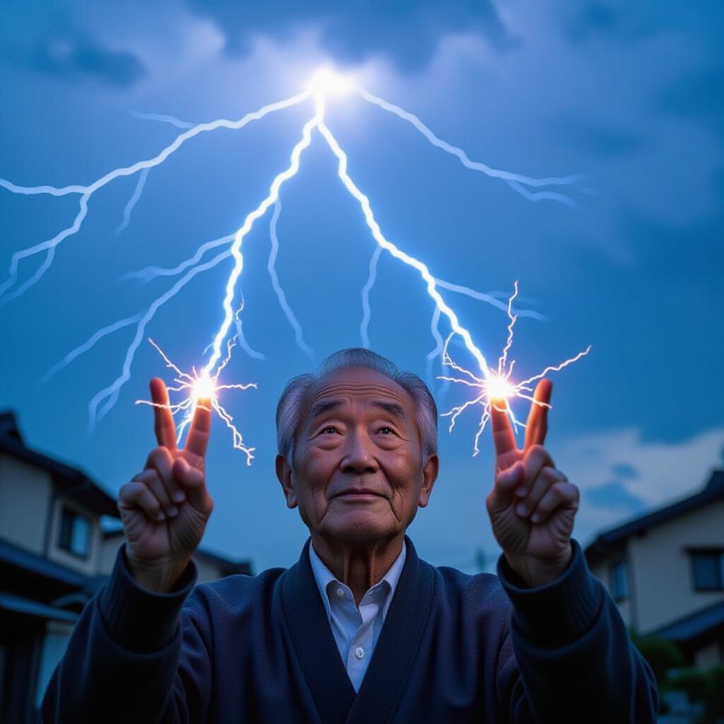 Elderly Man Absorbs Lightning Power With Raised Fingers