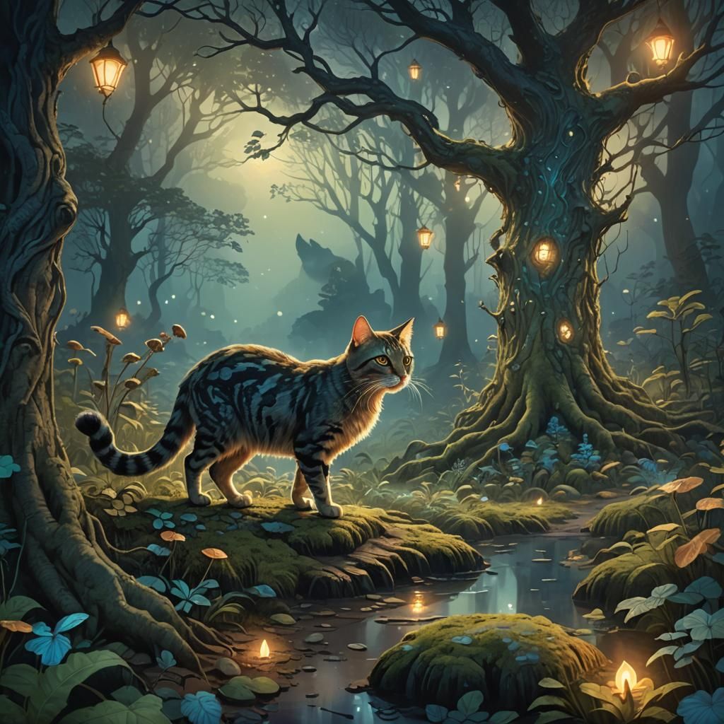 Cat Walks in Misty Forest: Fantasy Concept Art