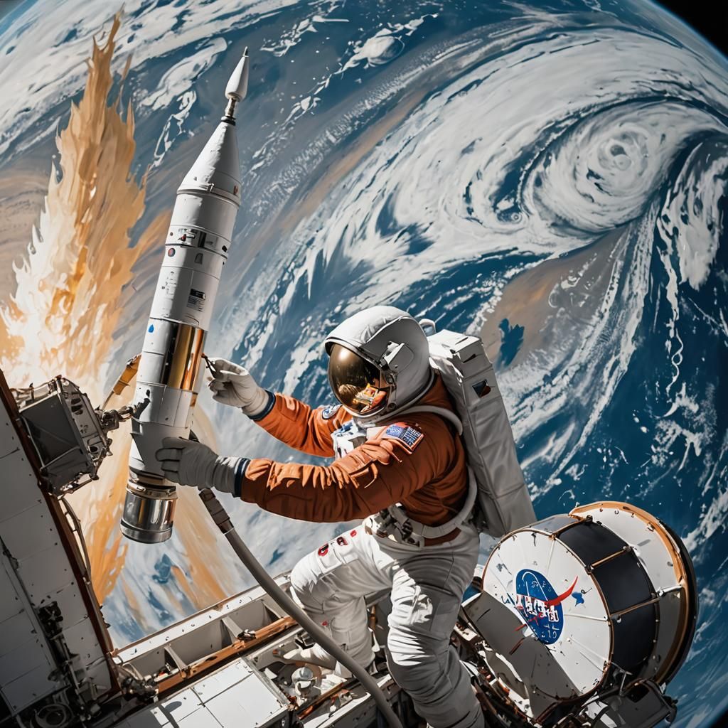 Astronaut Painting Rocket in Earth Orbit