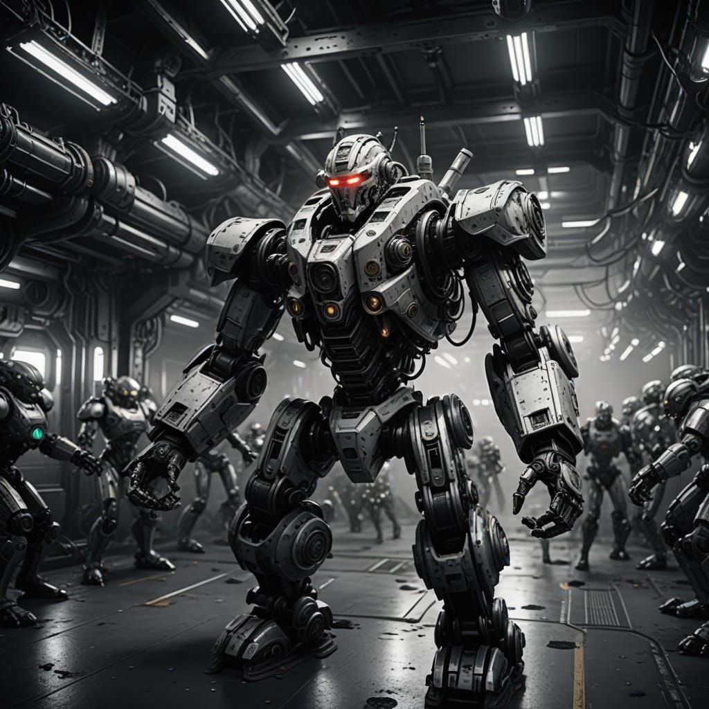 Humanoid Robots in Monochromatic War Tones