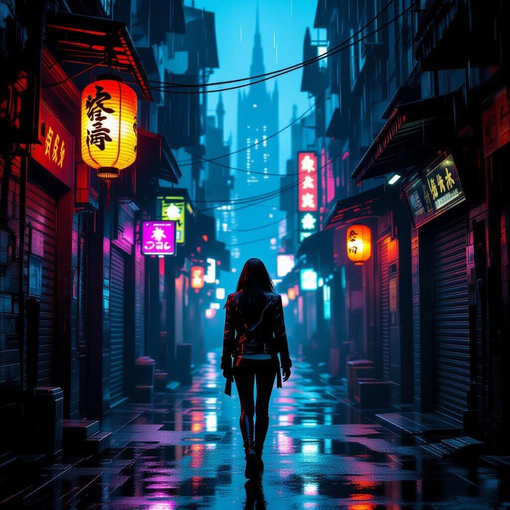 Cyberpunk Hacker in Rain-Slicked Alleyway with Lantern
