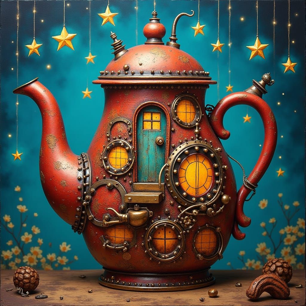 Surreal Steampunk Teapot Tea House with Hanging Stars