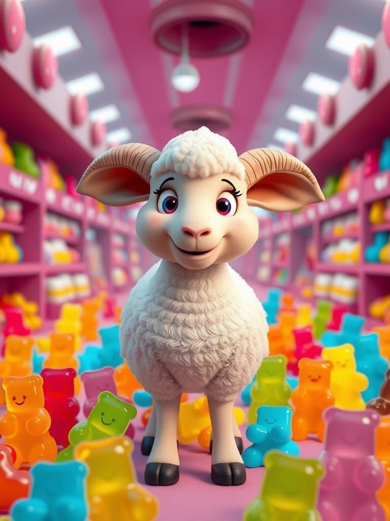 Cute Sheep in Candy Shop: Pixar-Style 3D Art