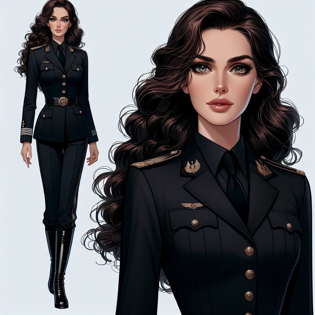 Elegant Woman in Black Military Style Outfit