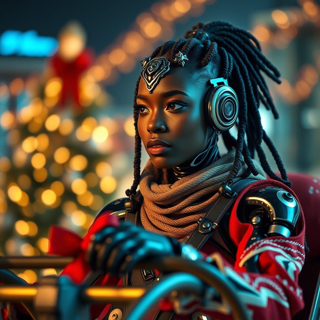 African Female Cyborg Soars on a Christmas Sleigh in Stunnin...