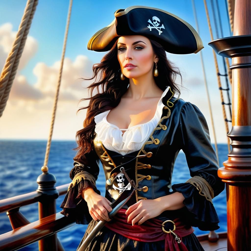 Pirate Woman on Deck, Oil Painting